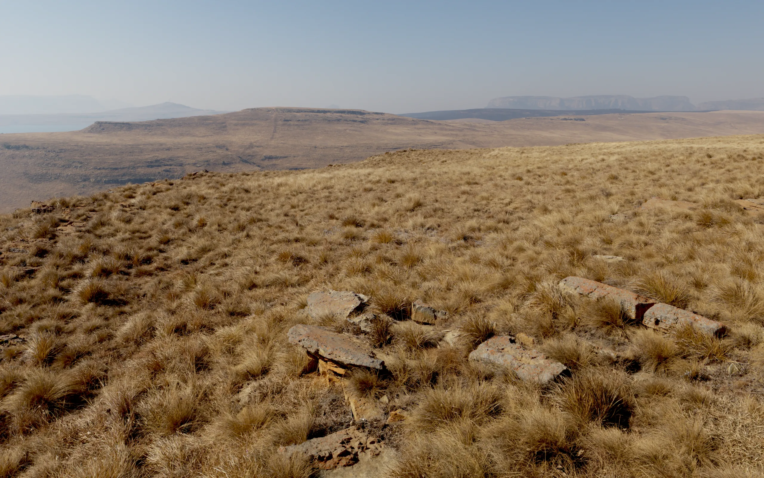 Midday on the hilltop: dry gold grass and flat sandstone rocks under a clear sky.
