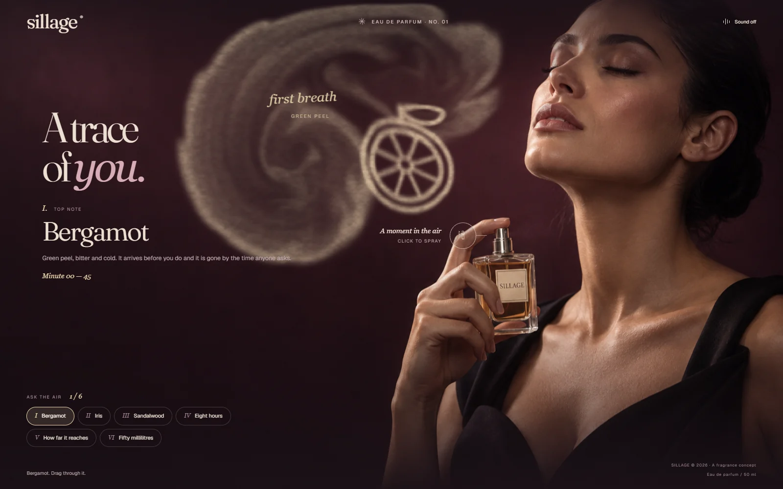 A woman holding a perfume bottle, with a halved bergamot drawn beside her in mist