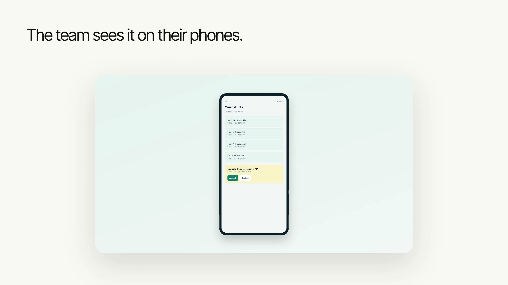 Frame from the Harbor — a shift-scheduling tool for small clinics render